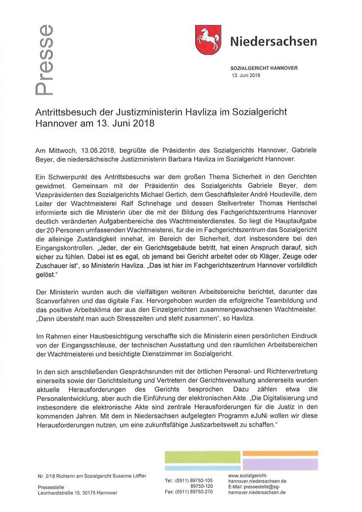 Bereisung des Sozialgerichts Hannover durch Justizministerin Havliza